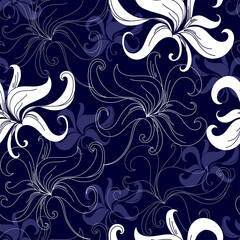 Seamless pattern with white flowers on a blue background. Hand drawn floral texture.