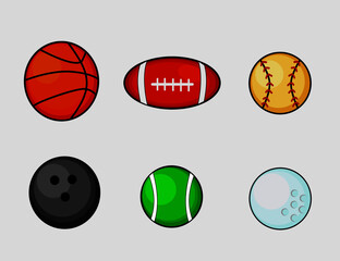 illustration of various kinds of balls in sports, basketball, baseball, tennis, golf, bowling, icon