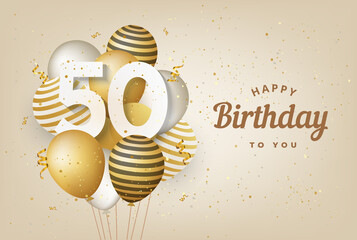 Happy 50th birthday with gold balloons greeting card background. 50 years anniversary. 50th celebrating with confetti. Vector stock