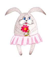 Watercolor illustration of an Easter bunny with a cute pink skirt and a flower.