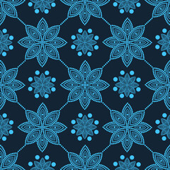 Japanese sashiko motif. Three Plum Blossoms. Traditional Japanese Embroidery Ornament. Seamless pattern. Colorful Sasiko motif - Mitsu Ume. Abstract backdrop. Needlework texture.