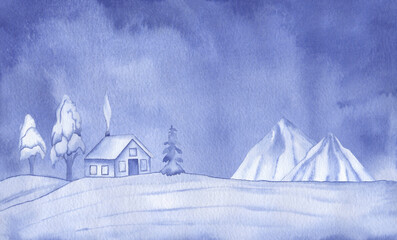 Watercolor blue winter snowy landscape with house, mountains and trees, hand painted background