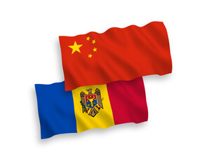 National vector fabric wave flags of Moldova and China isolated on white background 1 to 2 proportion.