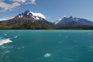 Cerro Paine Grande 3.050 meters high in the Torres del Paine National Park. Lago Pehoe.Patagonia. Chile. South America.