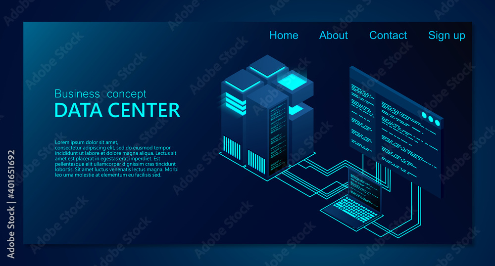 Poster concept of big data processing center. isometric data center. isometric servers vector design. data 