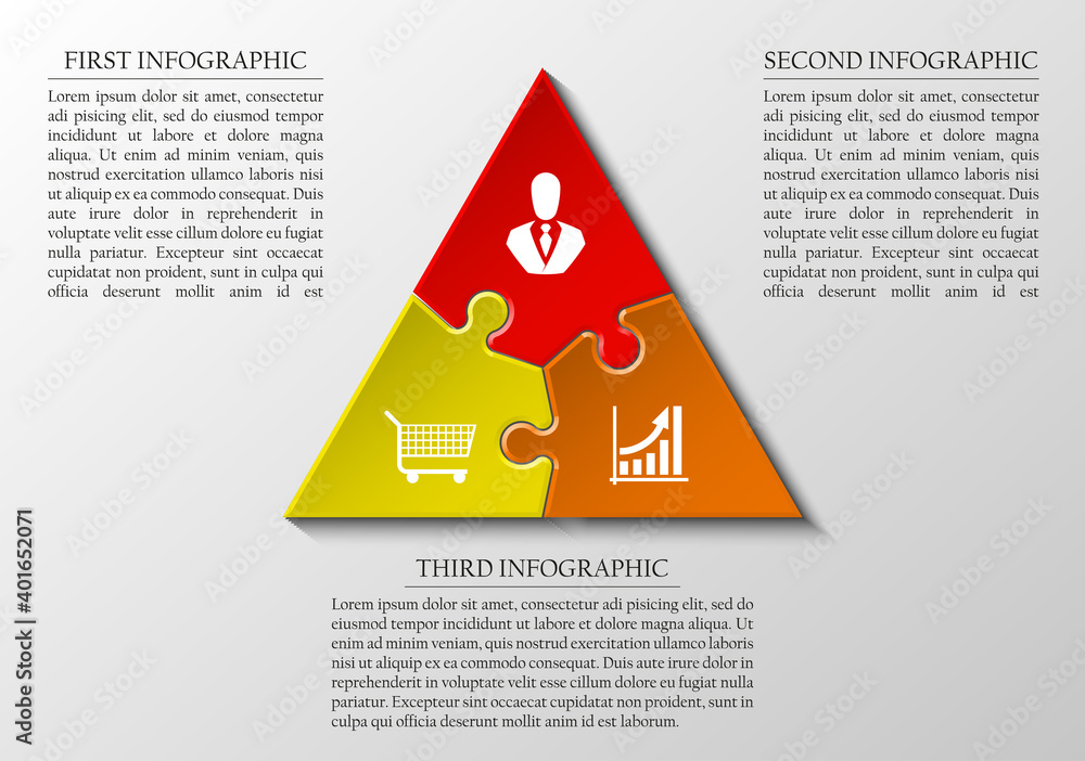 Fototapete three sided 3d puzzle presentation infographic template with explanatory text field for business sta