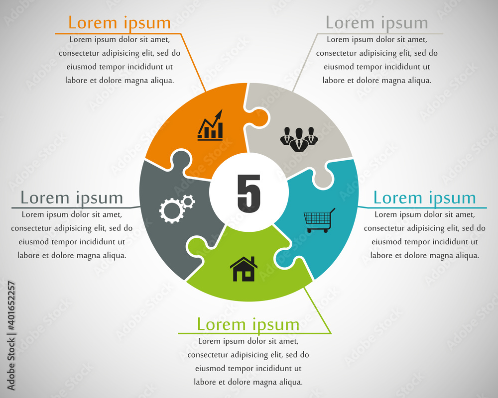 Poster Five sided puzzle presentation infographic template with explanatory text field for business statistics
