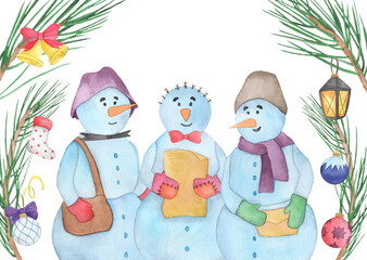 Watercolor hand drawn New Year card with a cute Snowman in the hats, pine tree branches, glass balls and lantern.