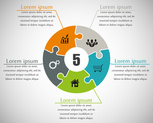 Five sided puzzle presentation infographic template with explanatory text field for business statistics