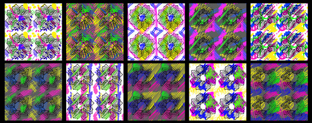 colorful trends of Memphis. geometric bright doodles in the style of street art. a set of seamless patterns. Perfect for printing brochures, posters, fashion design and interior design. EPS10
