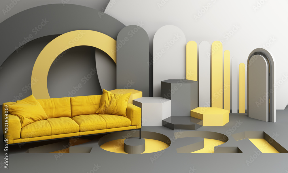 Poster 2021 yellow and gray geometric shape with sofa 3d rendering