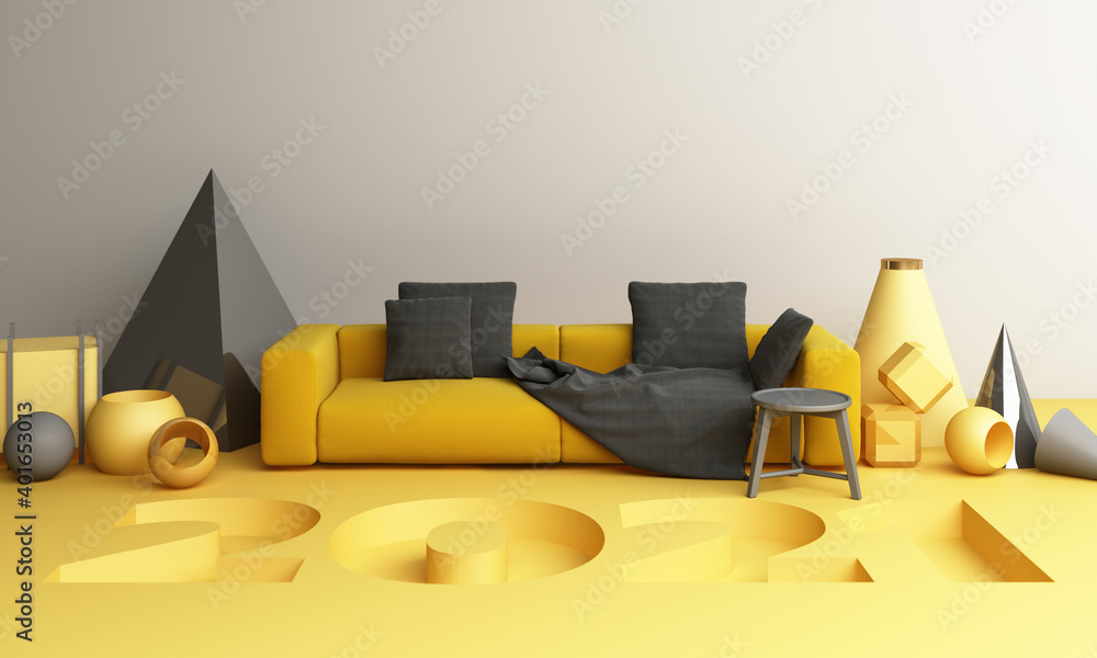 Poster 2021 yellow and gray geometric shape with sofa 3d rendering