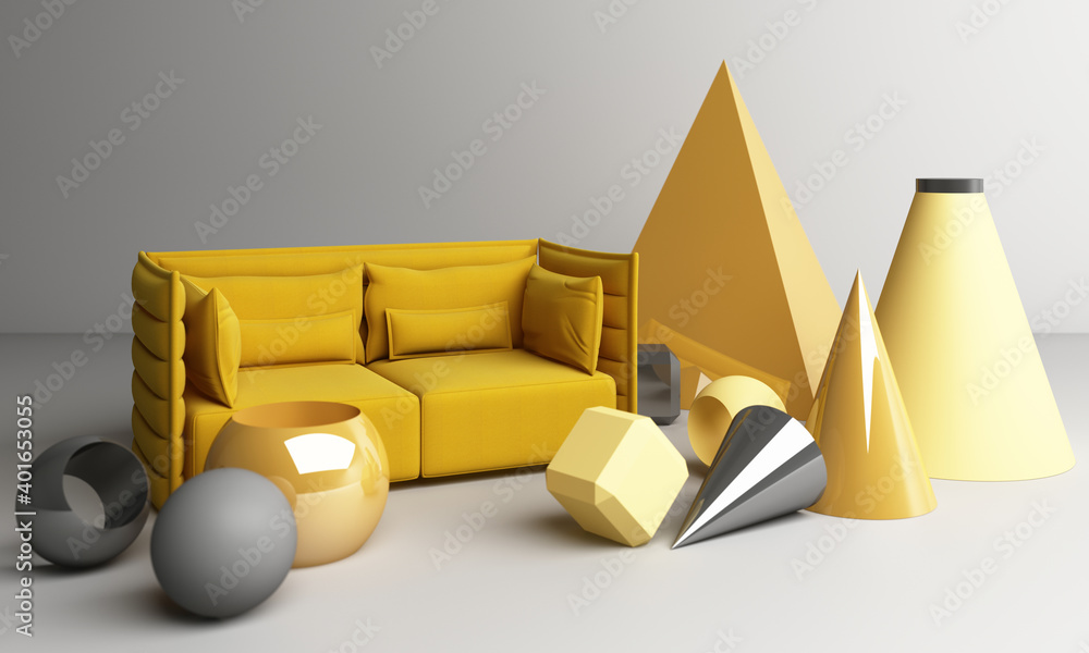 Poster yellow and gray geometric shape with sofa 3d rendering