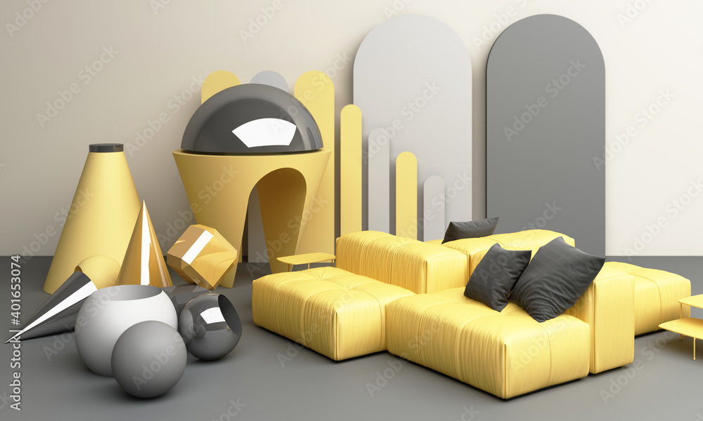 Poster yellow and gray geometric shape with sofa 3d rendering
