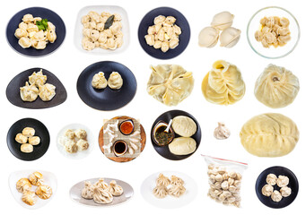 collage from various dumplings (dim sum, buuz, pelmeni, pyanse, khinkali, manti, etc) isolated on white background