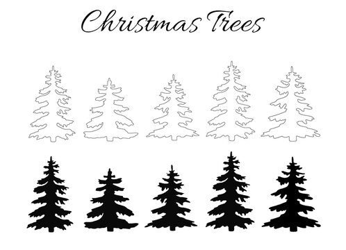 Black line Christmas trees Silhouette isolated on a white background.