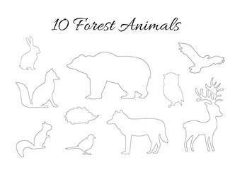 Black line Forest animals Silhouette isolated on a white background.