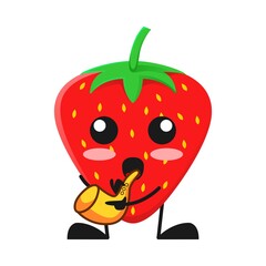 vector illustration of cute strawberry fruit music or character playing trumpet. cute strawberry fruit Concept White Isolated. Flat Cartoon Style Suitable for Landing Page, Banner, Flyer, Sticker.