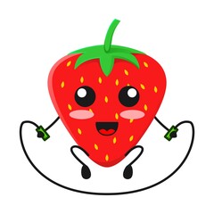 vector illustration of cute strawberry fruit sport or character play jump rope. cute strawberry fruit Concept White Isolated. Flat Cartoon Style Suitable for Landing Page, Banner, Flyer, Sticker.
