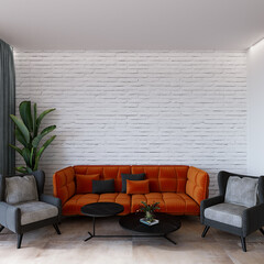 modern living room with orange sofa with grey armchair, 3d render