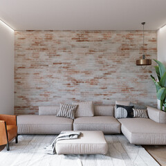 3d render,  living room with sofa in front of the brick wall