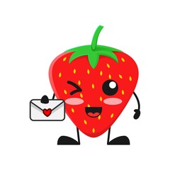 vector illustration of cute strawberry fruit valentine or character holding mail love. cute strawberry fruit Concept White Isolated. Flat Cartoon Style Suitable for Landing Page, Banner, Sticker.