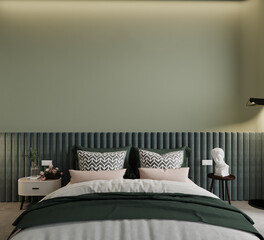bedroom with a bed with pillows in front of the green wall, 3d render