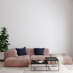 modern living room with sofa and pillow in front of the white wall, 3d render