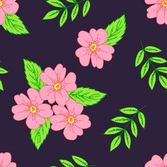 Beautiful floral seamless vector pattern. Pink flowers green leaves, twigs on a dark purple background. For prints of fabric, clothing, textile products.