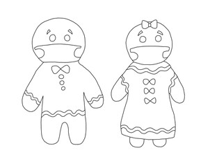 The outline of the ginger biscuit girl with bow and dress and boy in a barrel tie