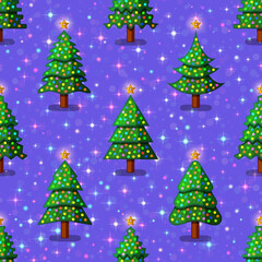 Christmas Seamless Background for Holiday Design, Green Fir Trees with Decoration, Tile Holiday Pattern with Stars. Vector