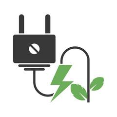 Plug with leaves and lightning bolt. Flat style. Isolated on white background. 
