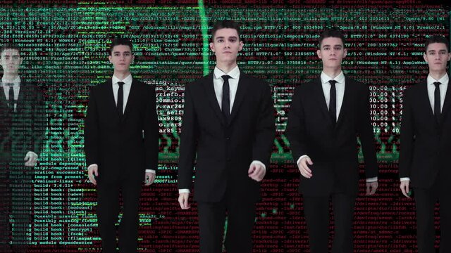 Businessmen walking with computer code
