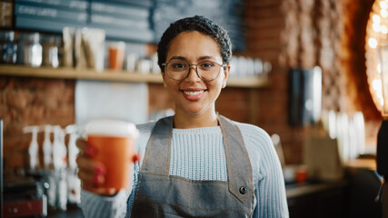 Beautiful Latin American Female Barista with Short Hair and Glasses is Smiling and Holding Out a Take Away Coffee Cup in a Cafe. Portrait of Happy Girl Behind Cozy Coffee Shop Counter in Restaurant.