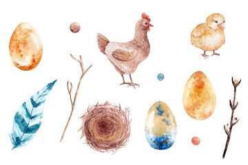 Watercolor easter set of illustrations with hen, chick and beautiful eggs