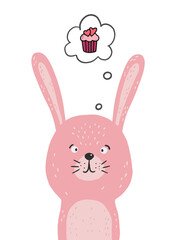 cute illustration of a pink rabbit for Valentine's day posters, prints, cards, stickers, signs, etc.