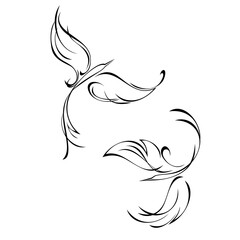 bird 9. two stylized beautiful birds in flight with black lines on a white background