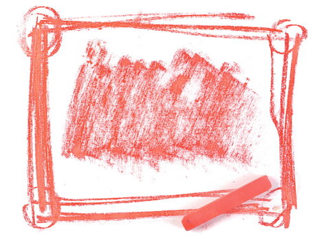 Frame and shape hatching, grunge red chalk isolated on white background and texture, top view