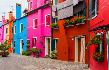 Colorful traditional houses in the Burano. BURANO ISLAND, VENICE.