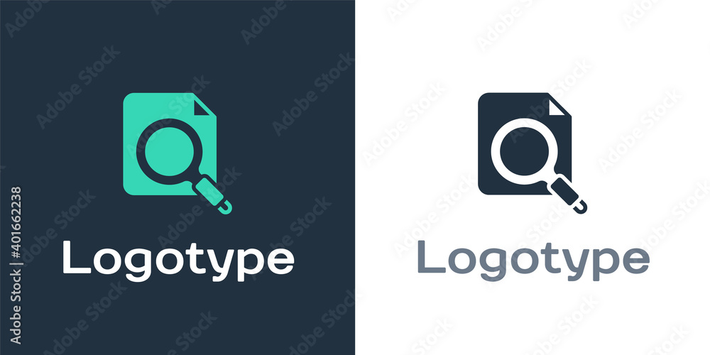 Poster logotype search concept with folder icon isolated on white background. magnifying glass and document
