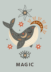 celestial poster with whale, moon, eye, sun