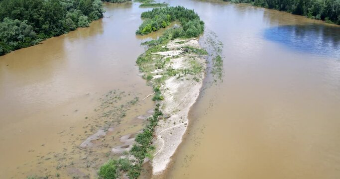 Aerial view of the gravel bar island with the common tern breeding colony, the Drava River