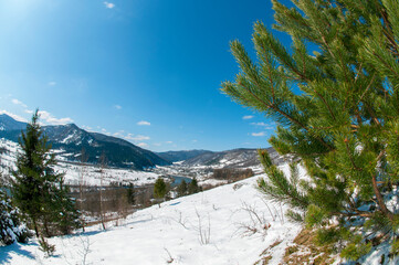 clearing in the winter mountains on a sunny day for outdoor activities and walks