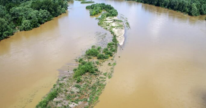 Aerial view of the gravel bar island with the common tern breeding colony, the Drava River