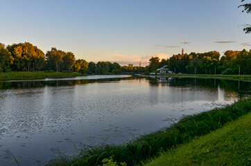 green parks along Lovat river in Velikiye Luki, Pskov region, Russia  - obrazy, fototapety, plakaty
