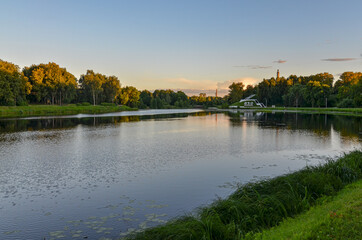 green parks along Lovat river in Velikiye Luki, Pskov region, Russia  - obrazy, fototapety, plakaty