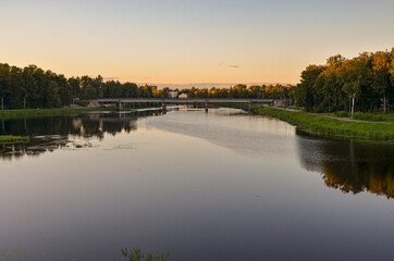 Central Bridge over Lovat river in Velikiye luki, Pskov region, Russia  - obrazy, fototapety, plakaty