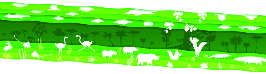 Obraz na płótnie Canvas Abstract Green Paper Cut Animals Jerboa Ostrich Rhinoceros Squirrel Varan Lizard Forest Tree White Background Vector Design Style