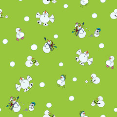 snowball fight snowmen on a snow day seamless vector pattern on green background surface design