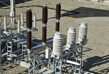 High-voltage substation with insulators,switches and disconnectors.